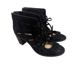 Vince Camuto Black Suede Tressa‎ Lace Up Peep Toe Block Heel Booties Boots 8M